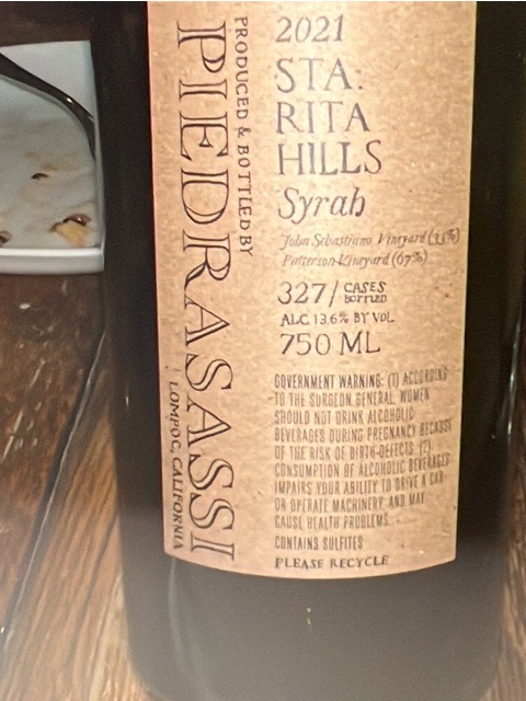 Piedrasassi, Sebastiano Vineyard Syrah, Sta. Rita Hills